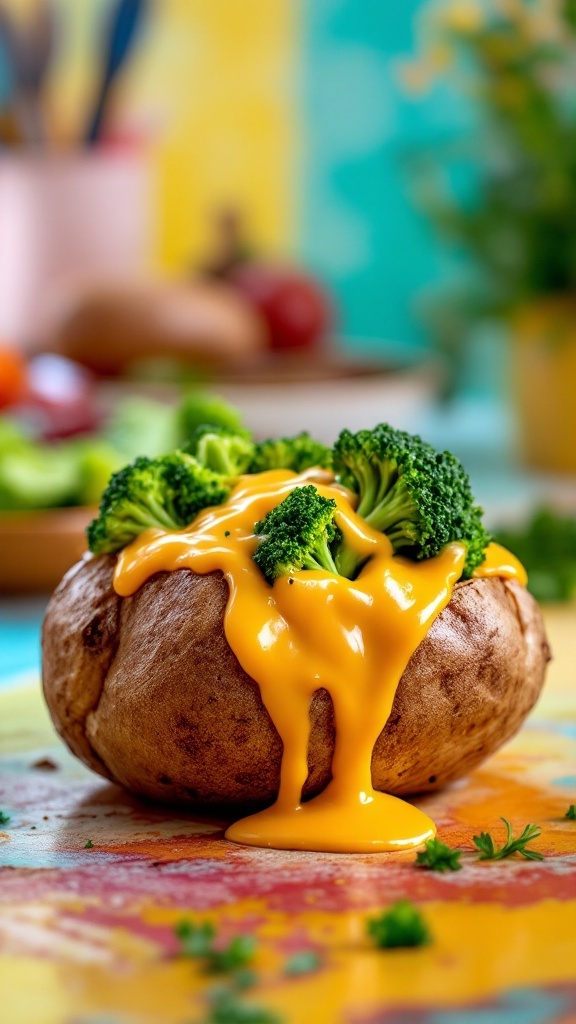 A baked potato topped with broccoli and melted cheese.