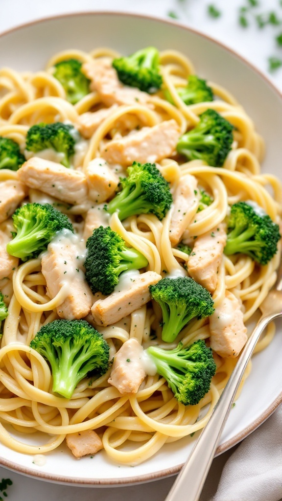 A bowl of creamy broccoli chicken alfredo pasta.