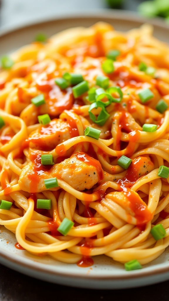 Buffalo Chicken Alfredo pasta dish with green onions