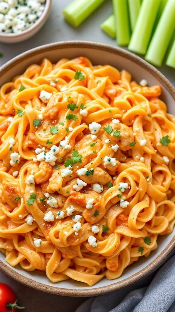 A bowl of creamy Buffalo Chicken Alfredo pasta with crumbled blue cheese and fresh herbs