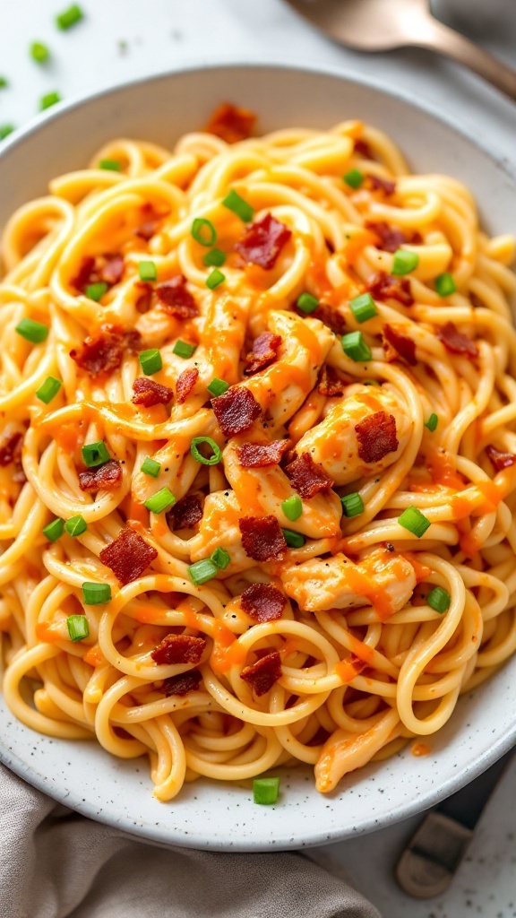 A plate of Buffalo Chicken and Bacon Alfredo pasta topped with green onions and crispy bacon.