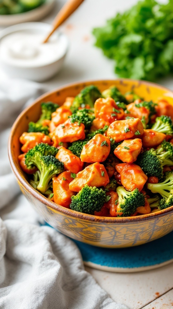 A bowl of buffalo chicken and broccoli stir-fry with a vibrant sauce.