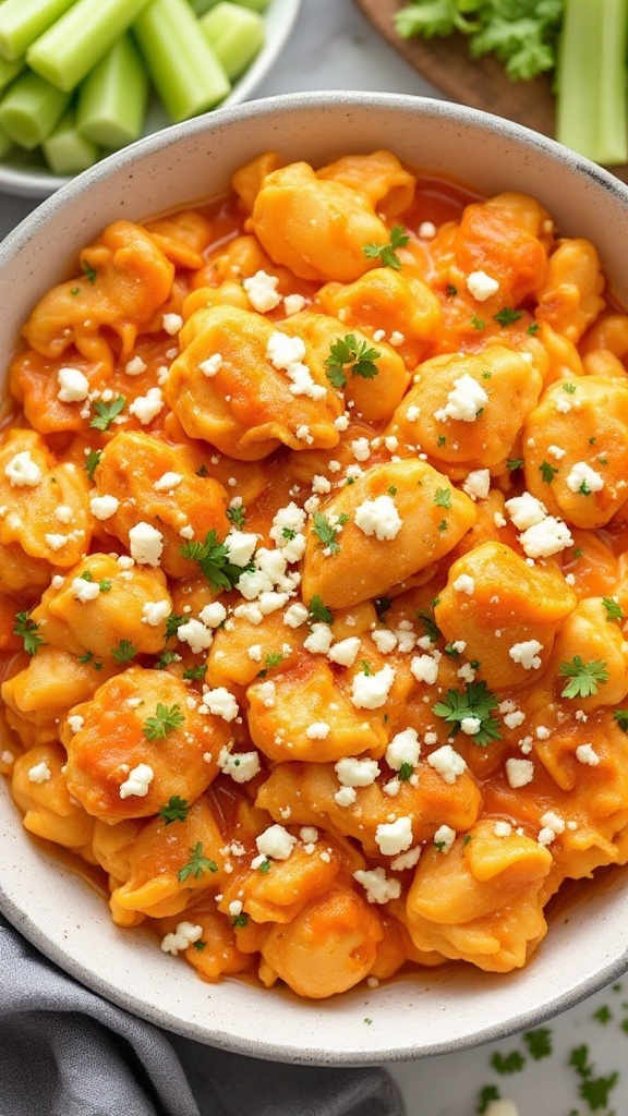 A comforting bowl of Buffalo Chicken and Dumplings with celery and herbs on the side.