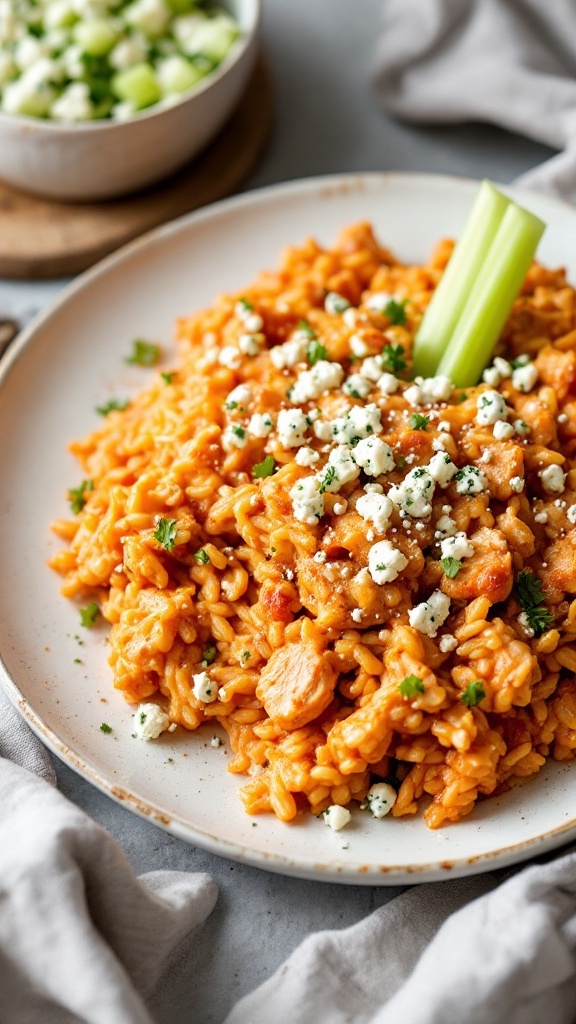 Buffalo chicken and rice bake served on a plate