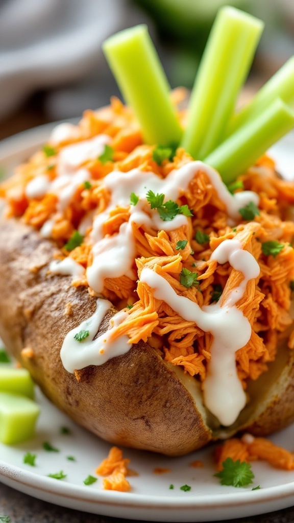 Buffalo chicken baked potato topped with celery and ranch dressing.