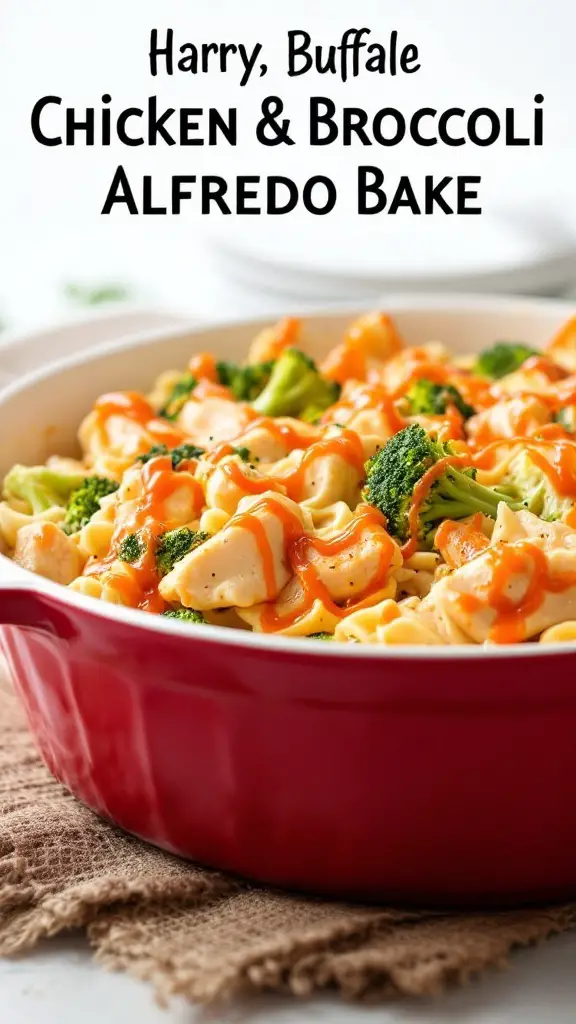 Delicious Buffalo Chicken Broccoli Alfredo Bake served in a dish.