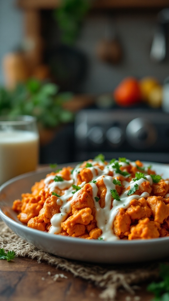 A delicious plate of Buffalo Chicken Casserole with ranch dressing drizzled on top, garnished with green onions.