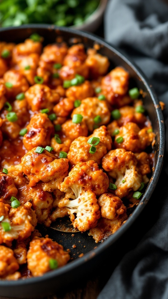 A delicious serving of Buffalo Chicken Cauliflower Casserole topped with green onions.