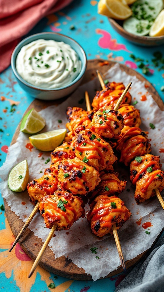 Buffalo Chicken Kabobs served with Blue Cheese Dip