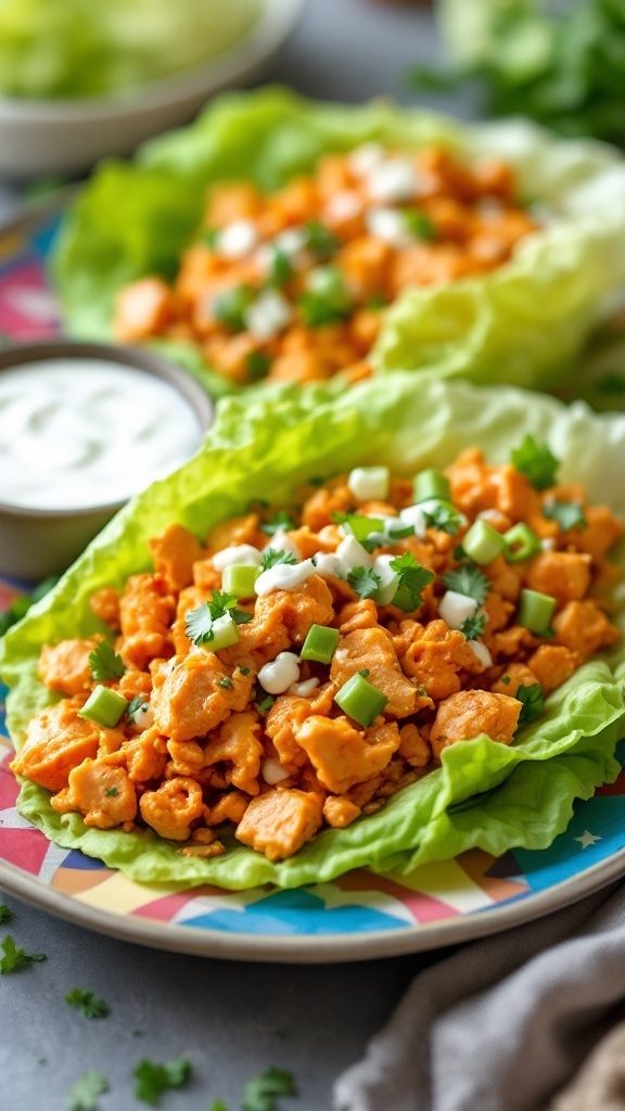 Buffalo chicken lettuce wraps with toppings on a colorful plate