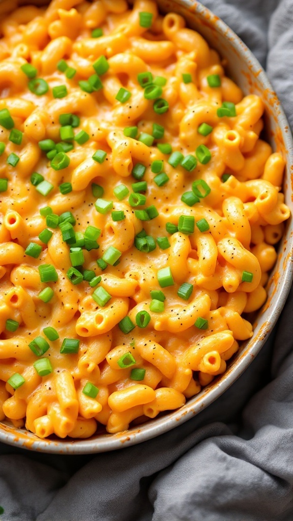 A dish of Buffalo Chicken Mac and Cheese topped with green onions.