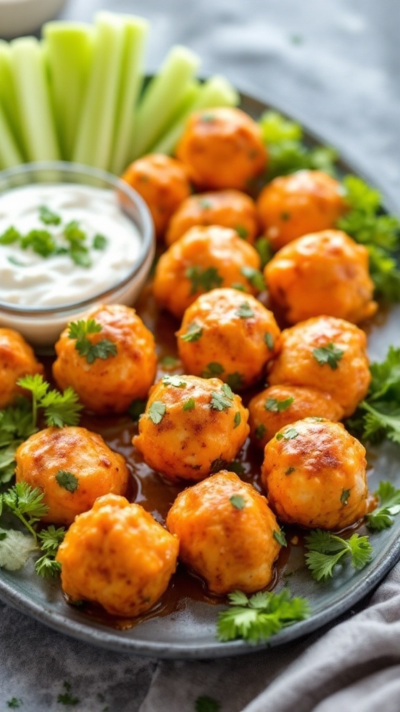 Buffalo chicken meatballs served with blue cheese dip and celery sticks