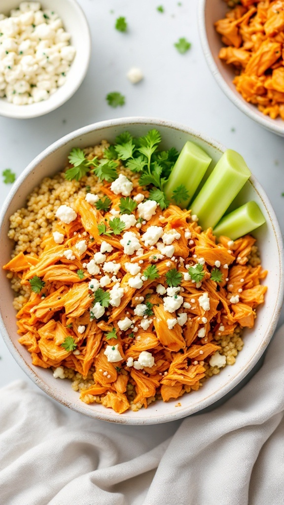 A protein-packed Buffalo Chicken Quinoa Bowl topped with shredded chicken, feta cheese, and fresh veggies.