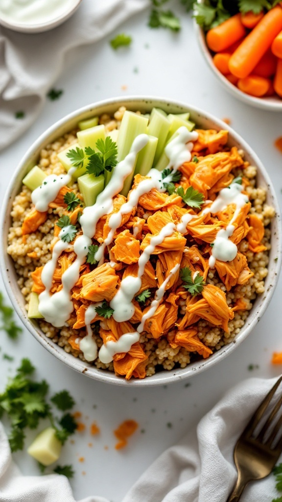 Buffalo chicken quinoa bowl with chicken, celery, and dressing on top