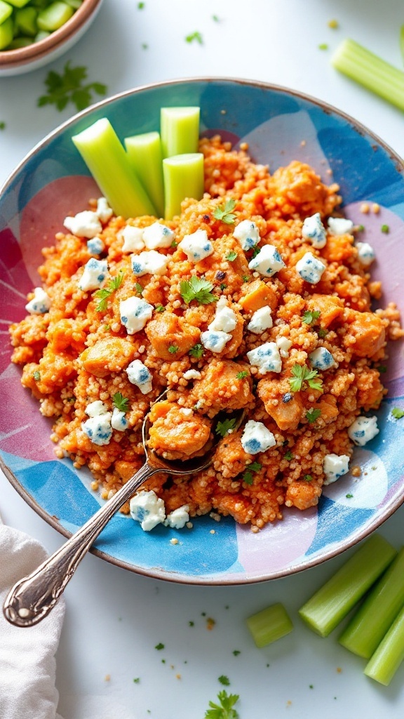 A colorful bowl of Buffalo Chicken Quinoa Salad with blue cheese and celery.