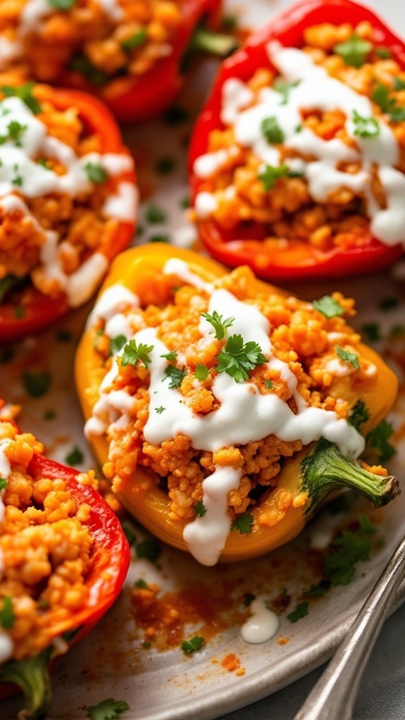 Stuffed peppers filled with buffalo chicken and quinoa, topped with yogurt and herbs.