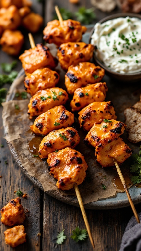 Buffalo chicken skewers with blue cheese dip on a wooden table