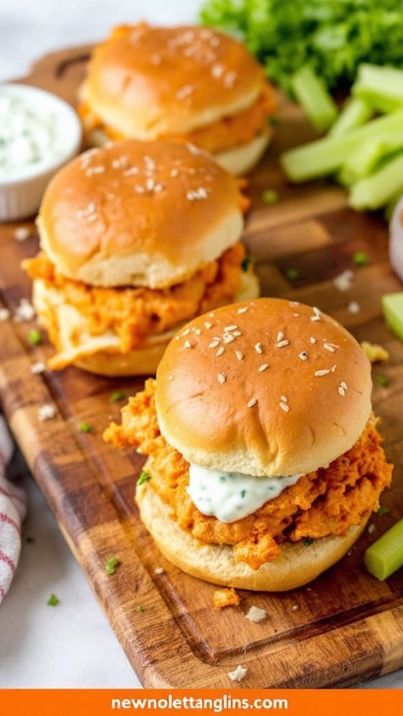 Delicious buffalo chicken sliders served on a wooden board with dressing and celery sticks.