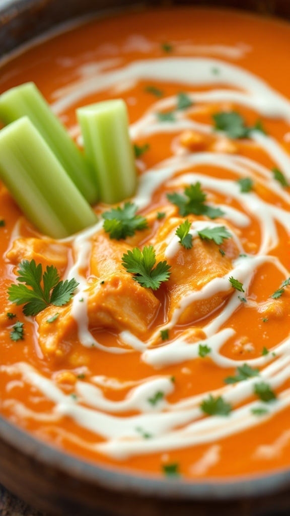 A bowl of creamy buffalo chicken soup garnished with celery sticks and cilantro.