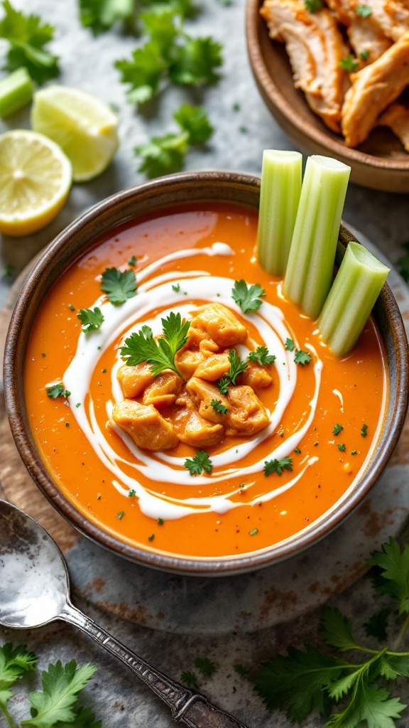 A bowl of Buffalo Chicken Soup garnished with celery, parsley, and a swirl of cream