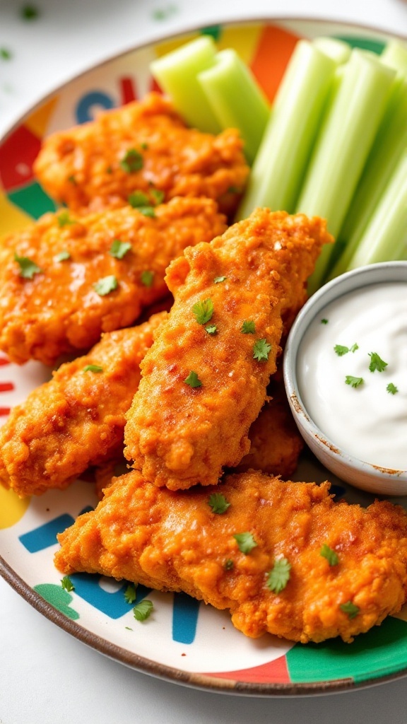 Buffalo chicken tenders served with celery and dipping sauce