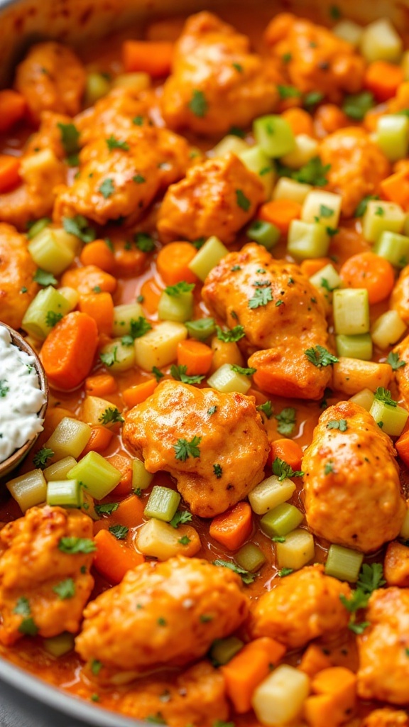 A skillet filled with buffalo chicken, carrots, and celery in a spicy sauce.