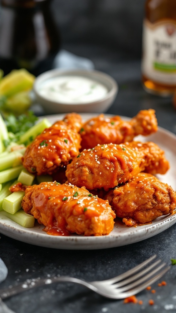 A plate of buffalo style chicken drumsticks with celery sticks and dipping sauce.