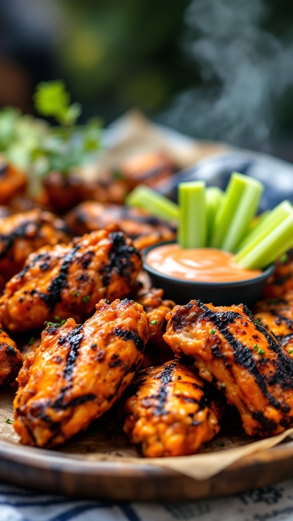 Grilled chicken wings with a spicy sauce served with celery and dipping sauce.