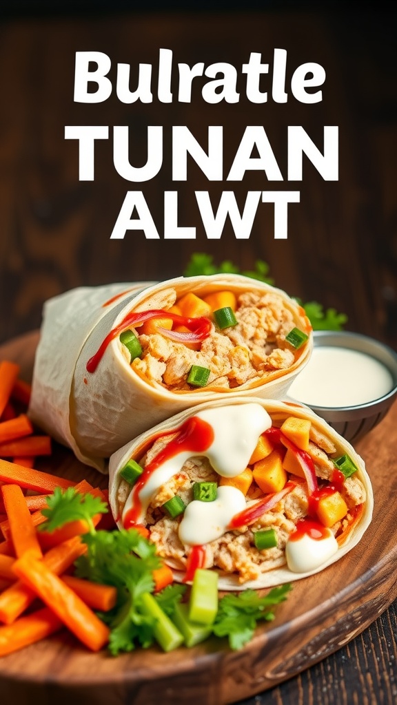 A close-up of a Buffalo Tuna Melt Wrap with colorful vegetables on the side.