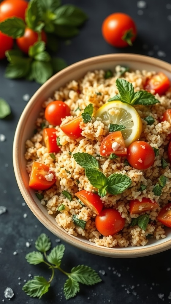 Bulgur wheat salad with mint, cherry tomatoes, and lemon in a bowl.