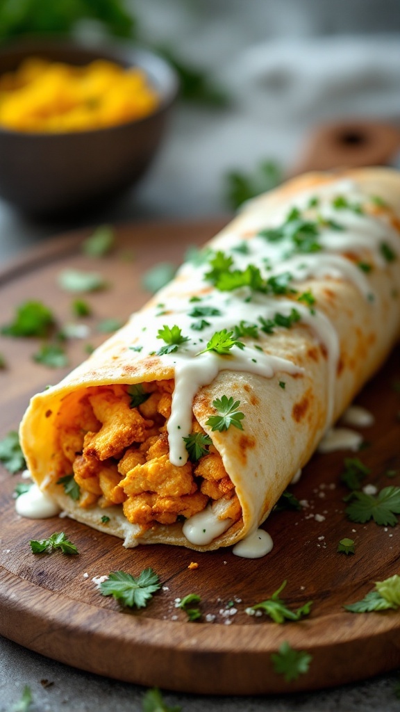 Butter chicken wrapped in a paratha with herbs and sauce