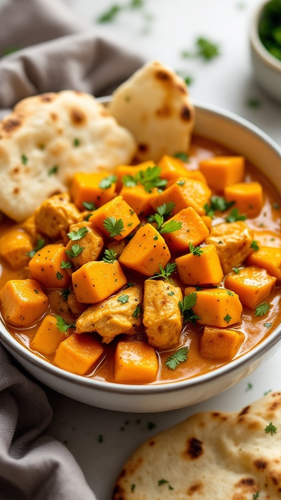 A bowl of Butter Chicken with Sweet Potato Cubes garnished with cilantro and served with naan.