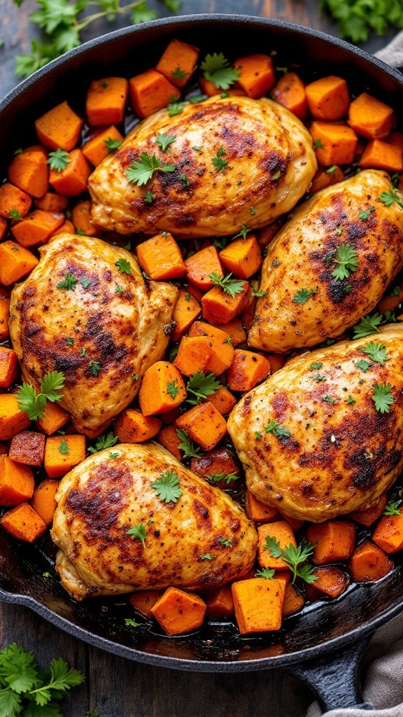 Cajun-spiced chicken and sweet potato medley in a skillet