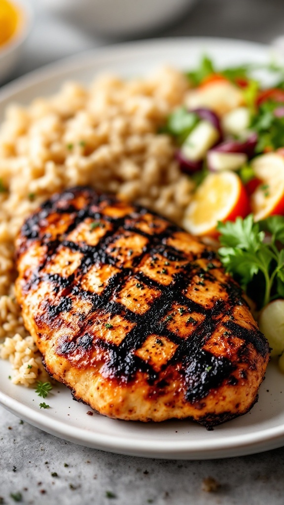 Cajun Blackened Chicken served with rice and salad