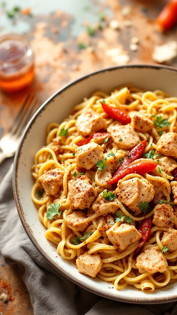 A bowl of Cajun Chicken Alfredo pasta with diced chicken, red peppers, and herbs.