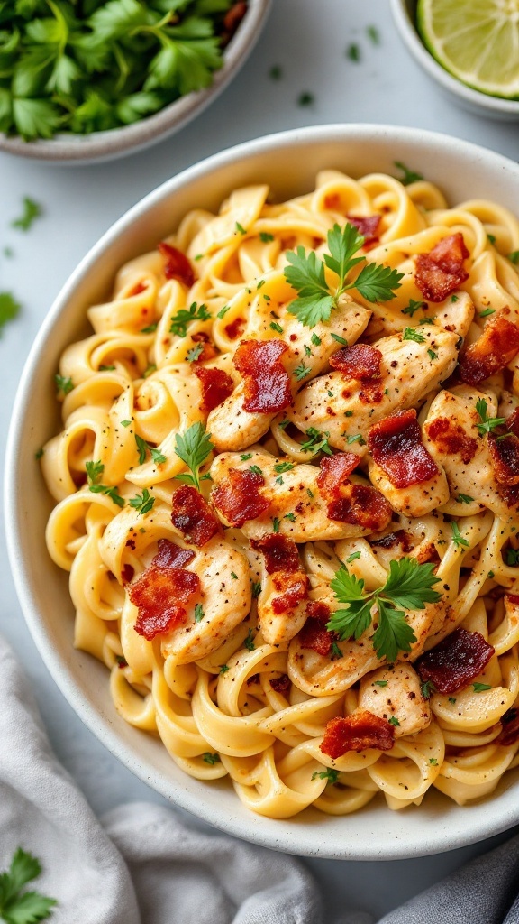 A bowl of Cajun Chicken and Bacon Alfredo pasta topped with parsley