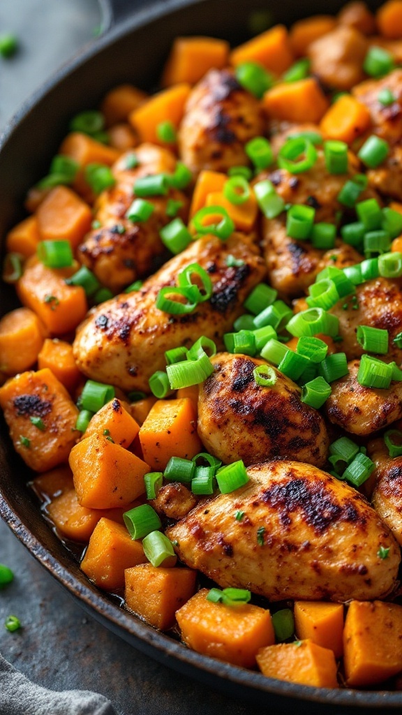 A skillet filled with Cajun chicken and sweet potato hash, garnished with chopped green onions.