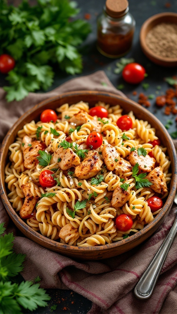 Cajun Chicken Pasta with chicken pieces, pasta, and cherry tomatoes garnished with parsley.