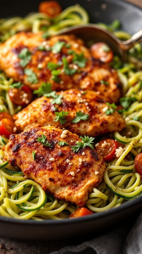 Cajun chicken served over zucchini noodles with cherry tomatoes