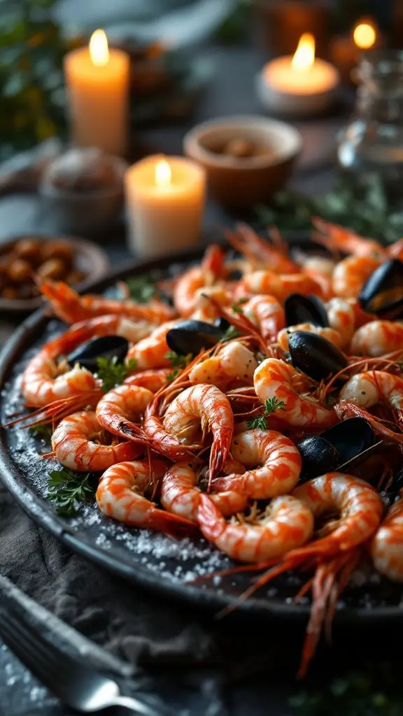 A beautiful seafood platter with shrimp and mussels, surrounded by candles on a table.