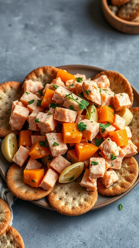 A plate of canned salmon salad with orange and yellow cubes and lemon slices, served on crackers.