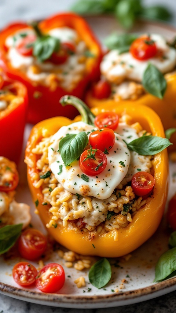 Caprese chicken and rice stuffed bell peppers with tomatoes and basil.