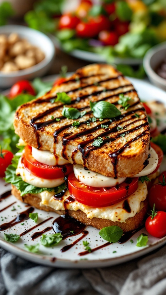 A delicious Caprese Chicken Panini with fresh ingredients and balsamic glaze.