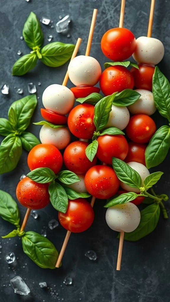 Colorful Caprese salad skewers with cherry tomatoes, mozzarella balls, and fresh basil on a dark surface.