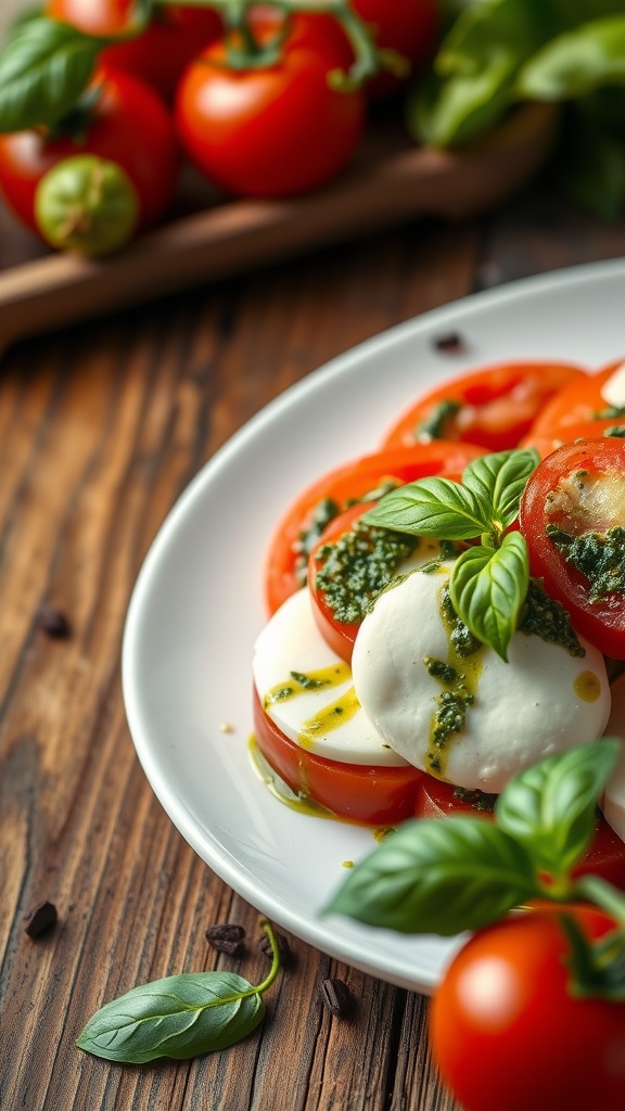 Plate of Caprese salad with mozzarella, tomatoes, and pesto drizzle.