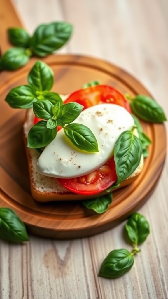 A Caprese sandwich with fresh basil, mozzarella, and tomatoes on a wooden plate.