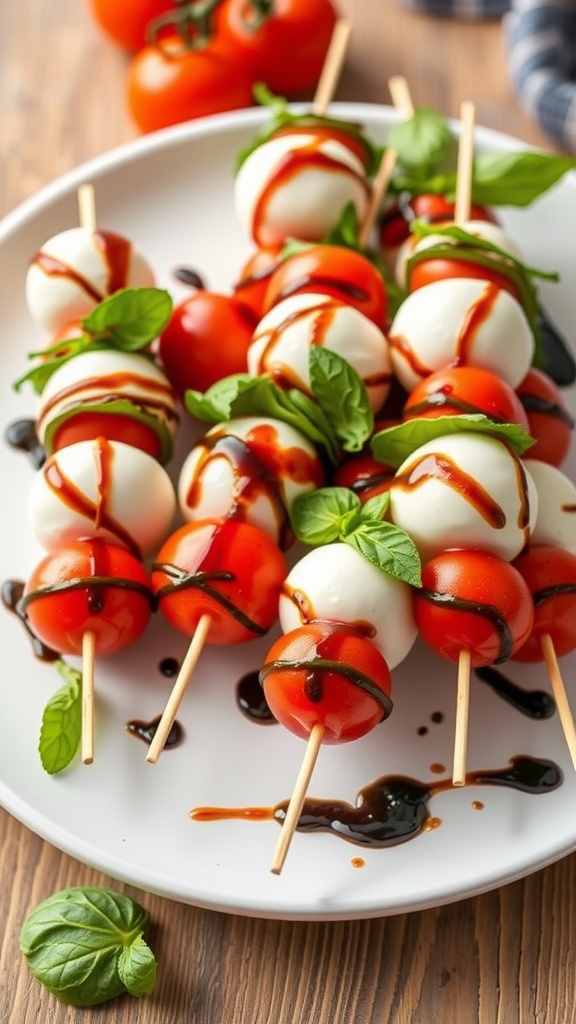 Plate of Caprese skewers with mozzarella, tomatoes, and basil drizzled with balsamic glaze