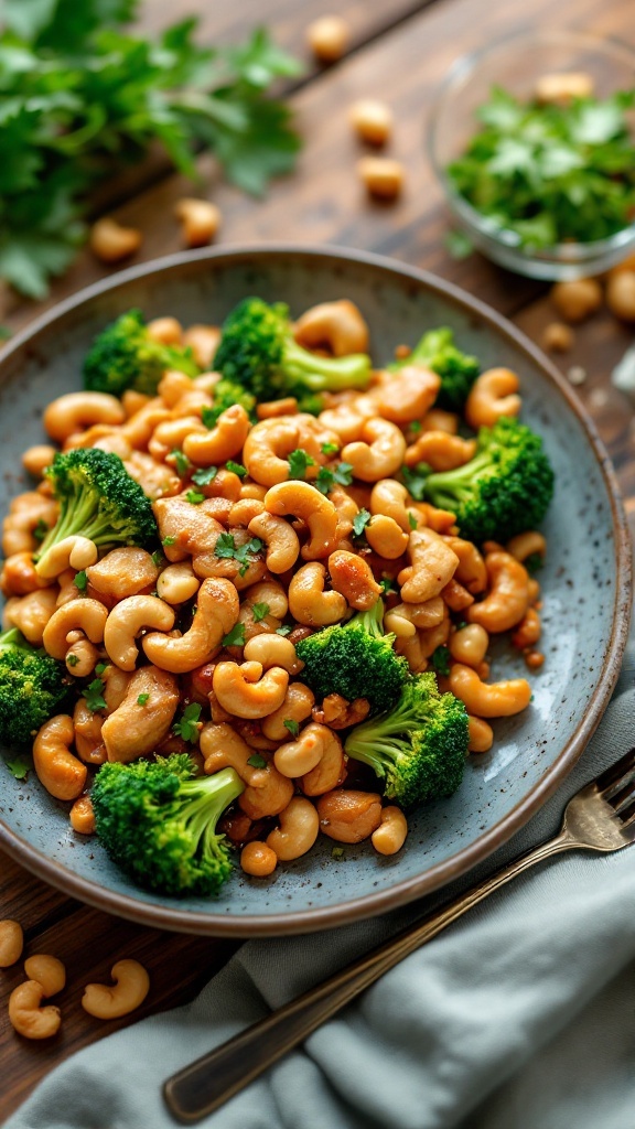 A colorful plate of cashew chicken and broccoli stir-fry with bright green broccoli and crunchy cashews on a rustic wooden table.