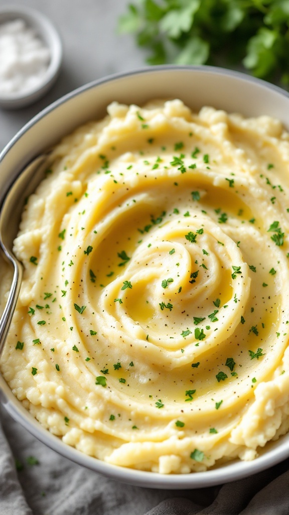 Creamy cauliflower mashed 'potatoes' garnished with fresh herbs