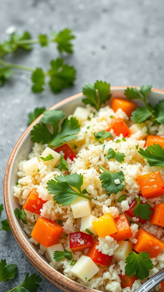 A bowl of cauliflower rice salad featuring colorful diced vegetables and fresh cilantro.